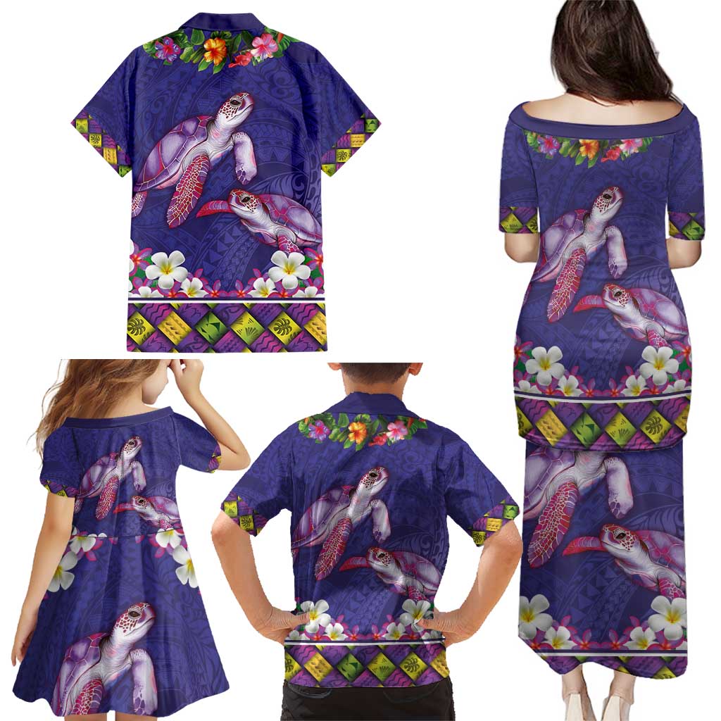 Hawaiian Lei Turtle and Plumeria Family Matching Puletasi and Hawaiian Shirt Polynerian Art Tattoo-Navy Color LT03 - Polynesian Pride