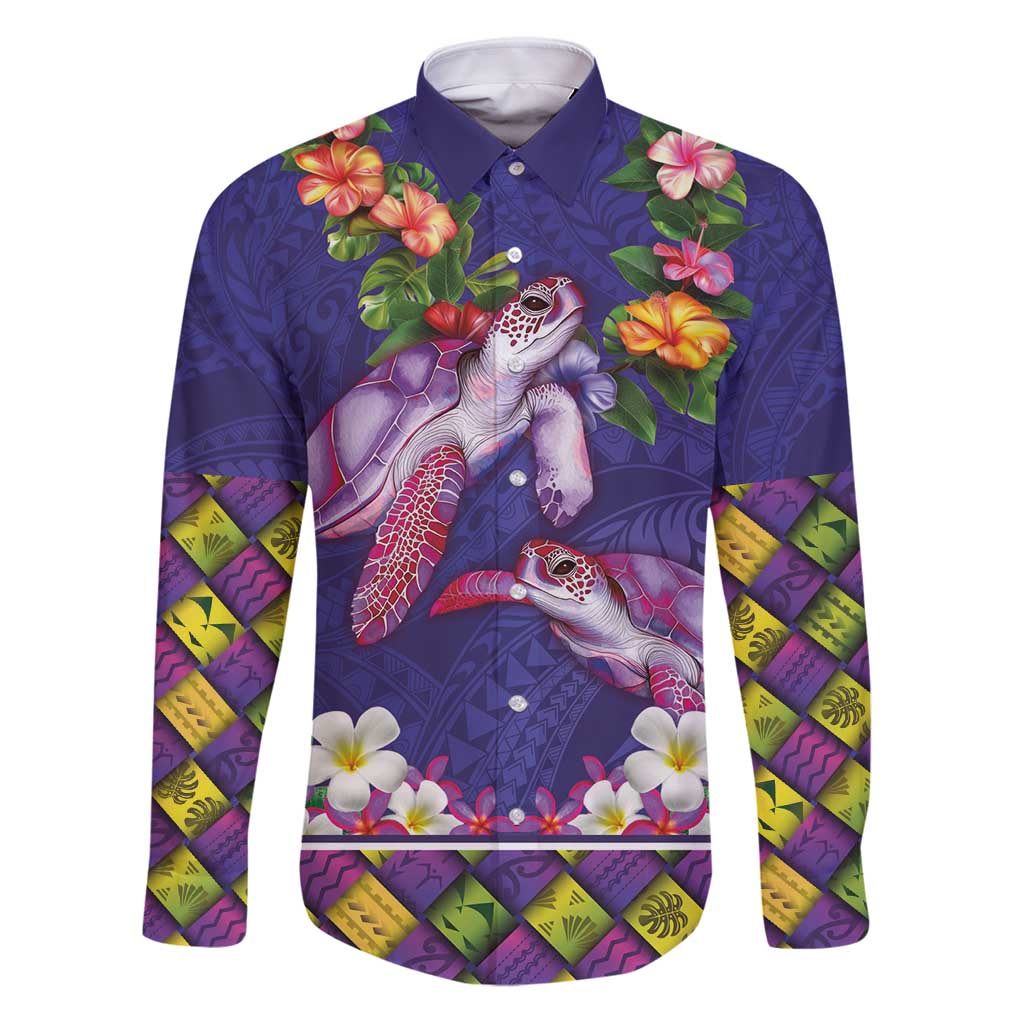 Hawaiian Lei Turtle and Plumeria Family Matching Puletasi and Hawaiian Shirt Polynerian Art Tattoo-Navy Color LT03 Dad's Shirt - Long Sleeve Navy - Polynesian Pride