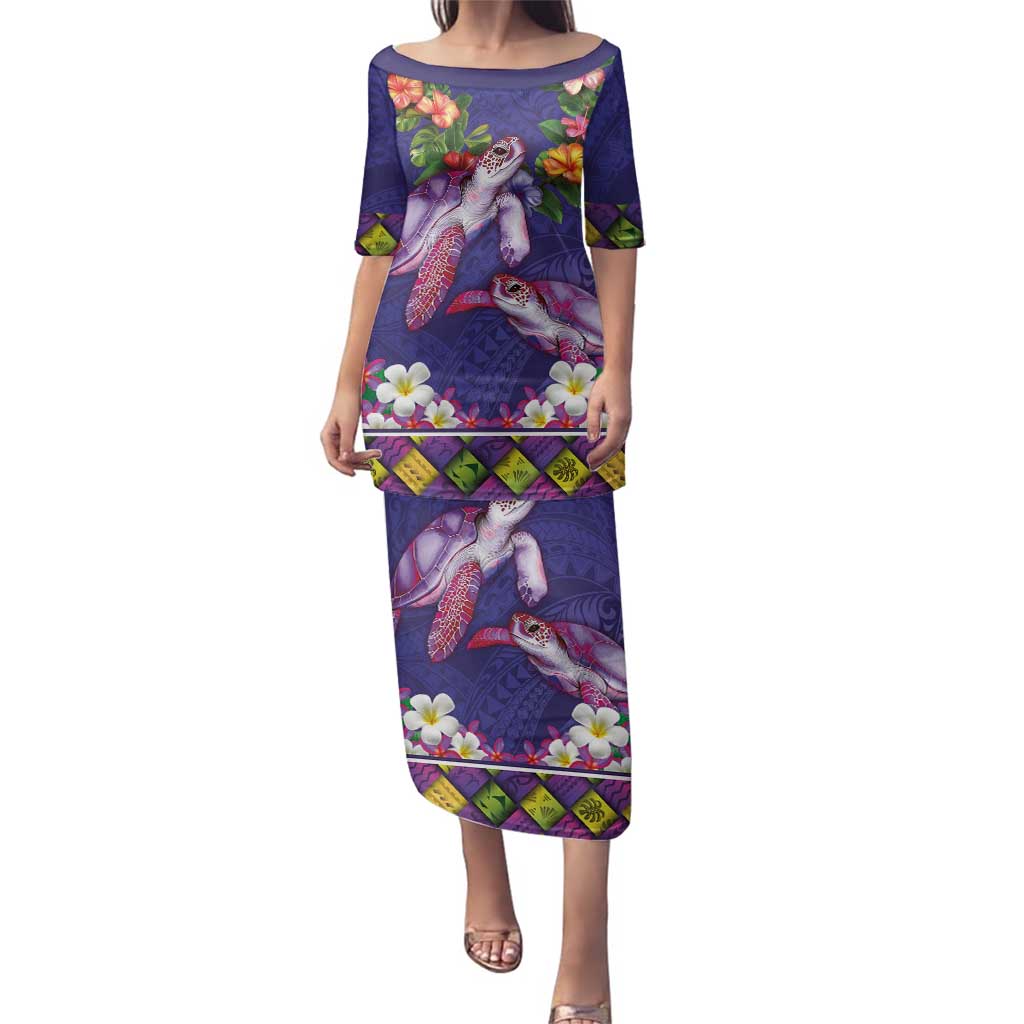 Hawaiian Lei Turtle and Plumeria Family Matching Puletasi and Hawaiian Shirt Polynerian Art Tattoo-Navy Color LT03 Mom's Dress Navy - Polynesian Pride