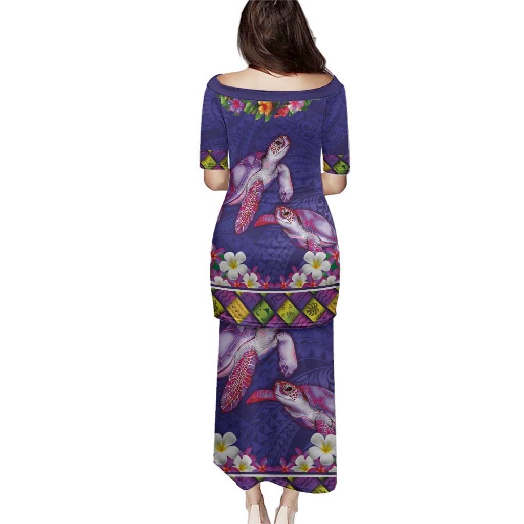 Hawaiian Lei Turtle and Plumeria Family Matching Puletasi and Hawaiian Shirt Polynerian Art Tattoo-Navy Color LT03 - Polynesian Pride