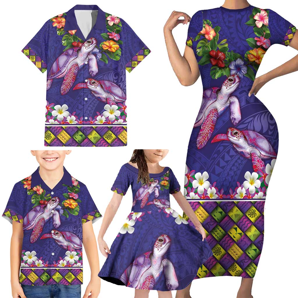 Hawaiian Lei Turtle and Plumeria Family Matching Short Sleeve Bodycon Dress and Hawaiian Shirt Polynerian Art Tattoo-Navy Color
