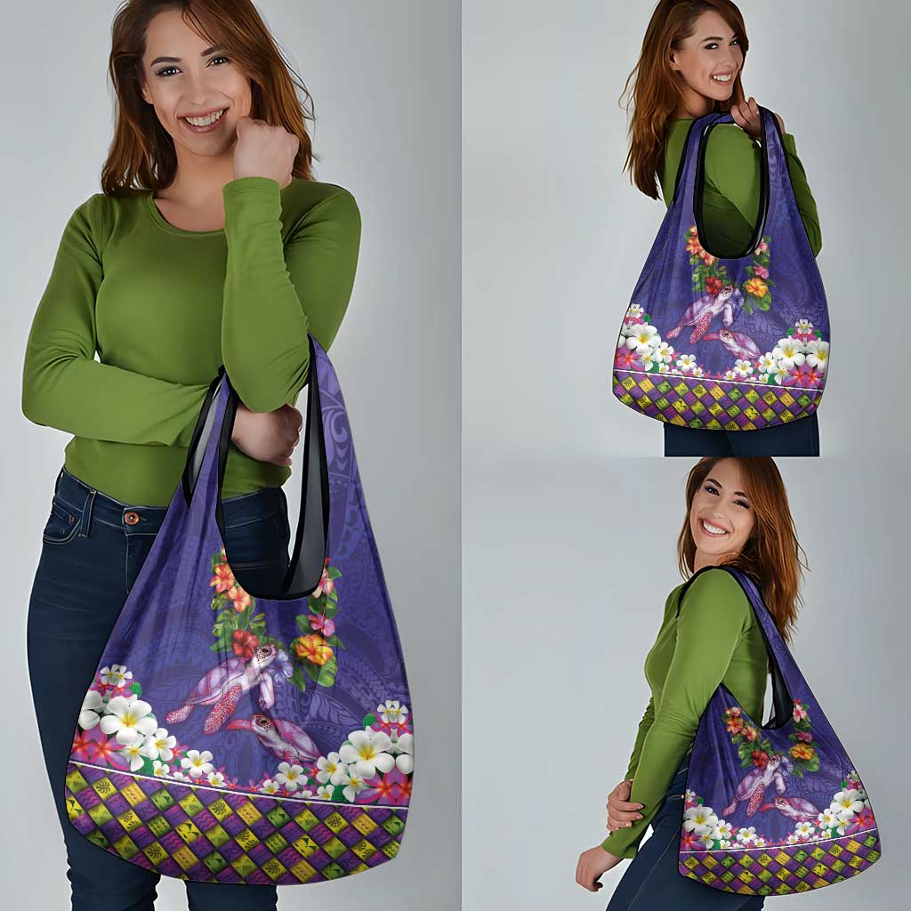 Hawaiian Lei Turtle and Plumeria Grocery Bag Polynerian Art Tattoo-Navy Color