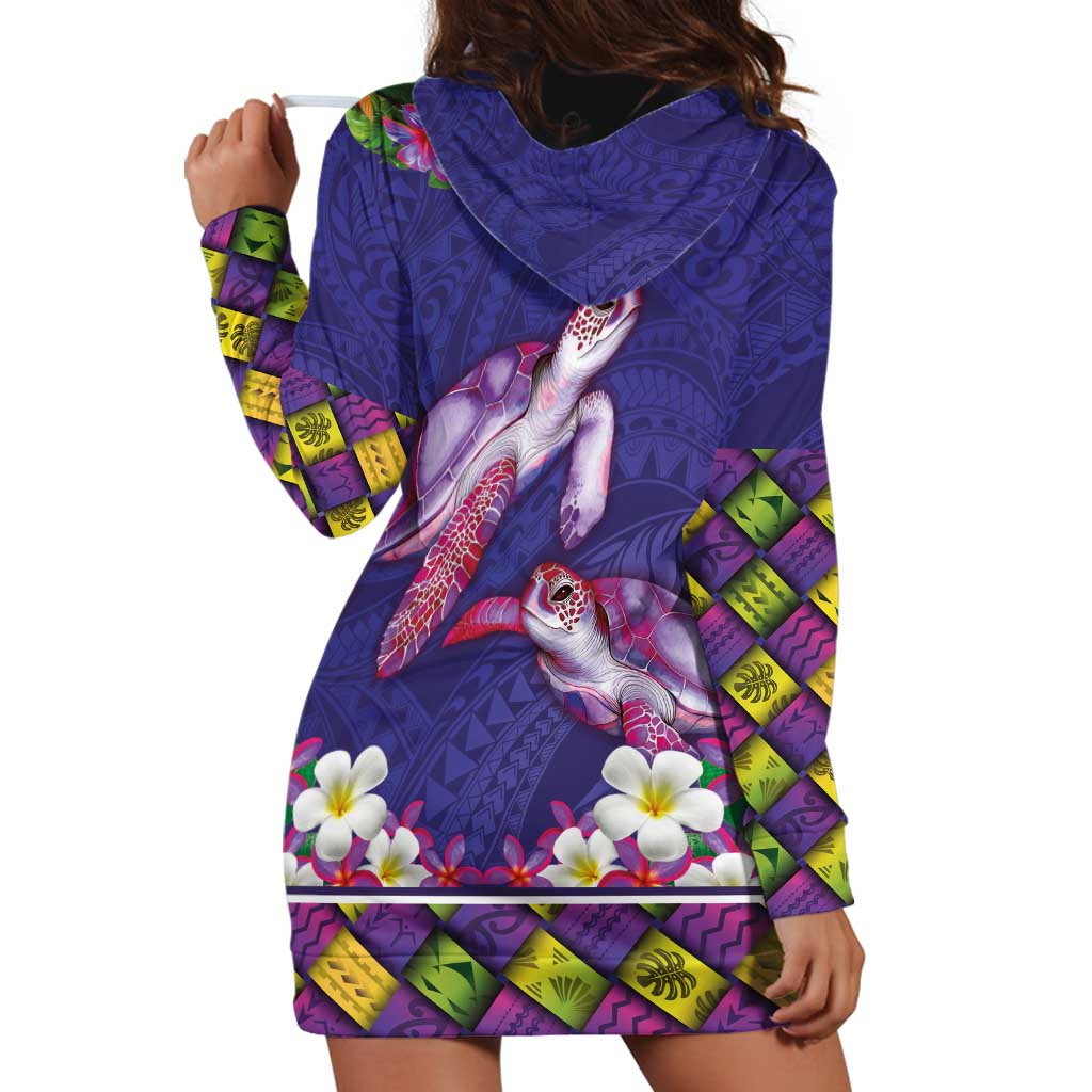 Hawaiian Lei Turtle and Plumeria Hoodie Dress Polynerian Art Tattoo-Navy Color LT03 - Polynesian Pride