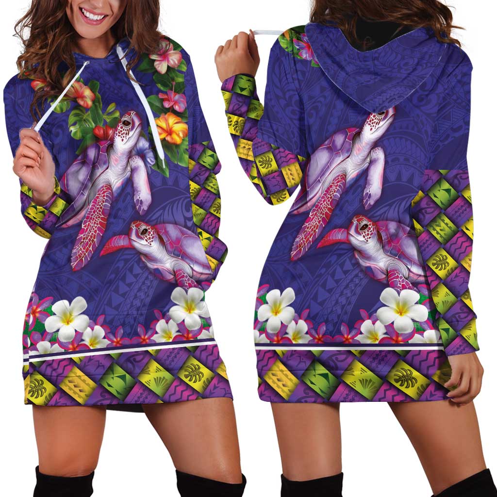 Hawaiian Lei Turtle and Plumeria Hoodie Dress Polynerian Art Tattoo-Navy Color LT03 - Polynesian Pride