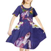 Hawaiian Lei Turtle and Plumeria Kid Short Sleeve Dress Polynerian Art Tattoo-Navy Color LT03 - Polynesian Pride