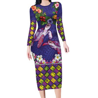 Hawaiian Lei Turtle and Plumeria Long Sleeve Bodycon Dress Polynerian Art Tattoo-Navy Color LT03 Long Dress Navy - Polynesian Pride