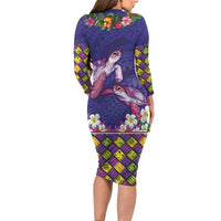 Hawaiian Lei Turtle and Plumeria Long Sleeve Bodycon Dress Polynerian Art Tattoo-Navy Color LT03 - Polynesian Pride