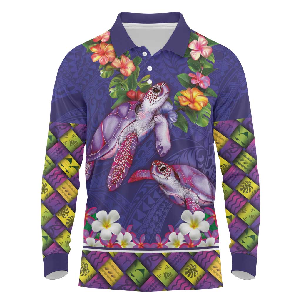Hawaiian Lei Turtle and Plumeria Long Sleeve Polo Shirt Polynerian Art Tattoo-Navy Color LT03 Navy - Polynesian Pride