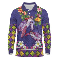 Hawaiian Lei Turtle and Plumeria Long Sleeve Polo Shirt Polynerian Art Tattoo-Navy Color LT03 Navy - Polynesian Pride