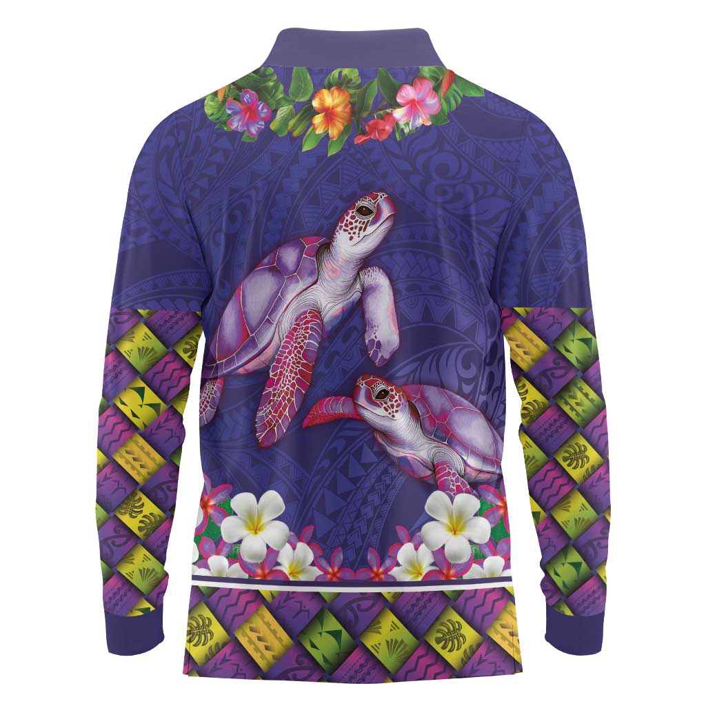 Hawaiian Lei Turtle and Plumeria Long Sleeve Polo Shirt Polynerian Art Tattoo-Navy Color LT03 - Polynesian Pride