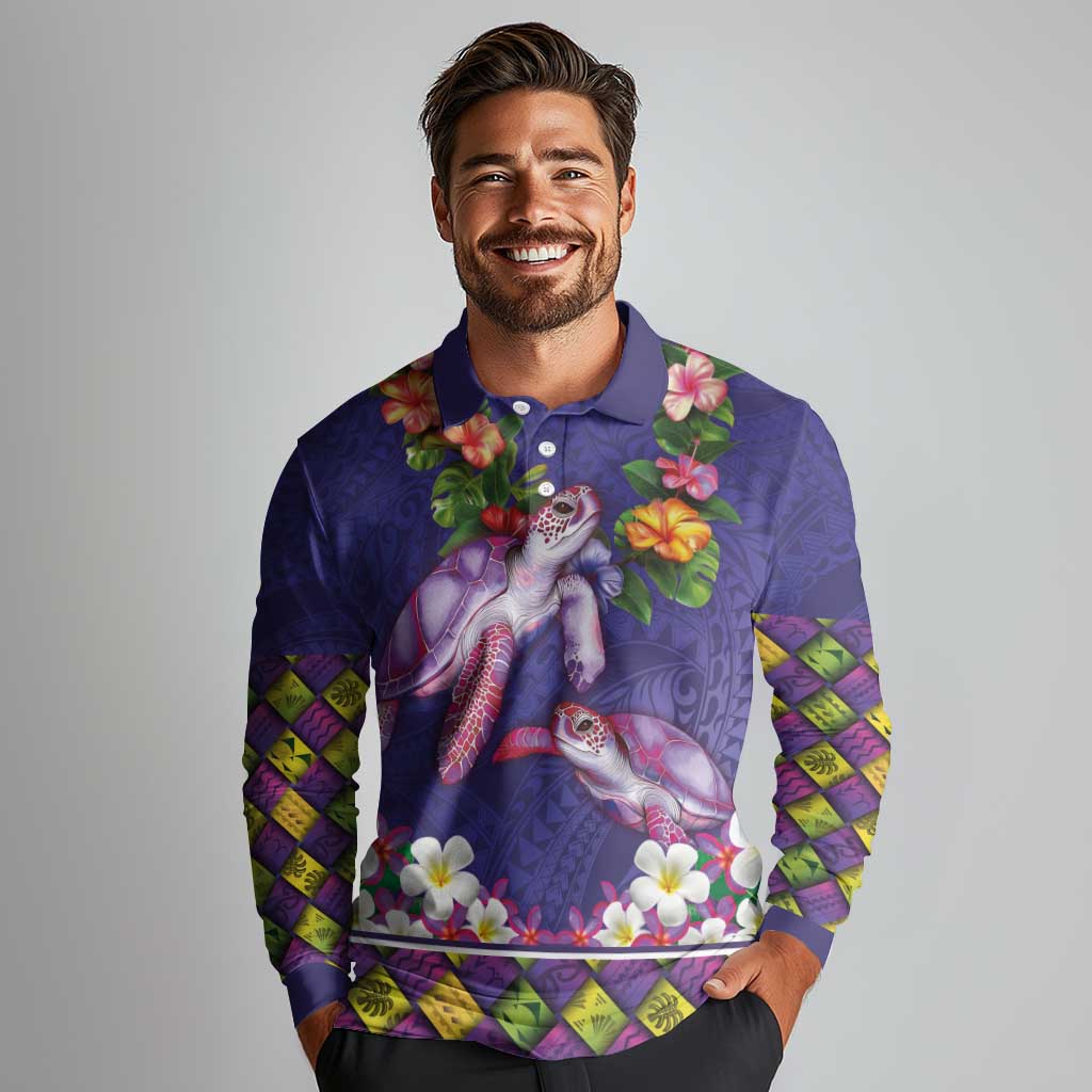 Hawaiian Lei Turtle and Plumeria Long Sleeve Polo Shirt Polynerian Art Tattoo-Navy Color LT03 - Polynesian Pride