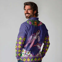Hawaiian Lei Turtle and Plumeria Long Sleeve Polo Shirt Polynerian Art Tattoo-Navy Color LT03 - Polynesian Pride