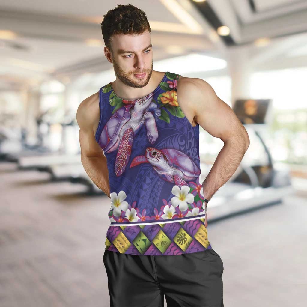 Hawaiian Lei Turtle and Plumeria Men Tank Top Polynerian Art Tattoo-Navy Color LT03 Navy - Polynesian Pride