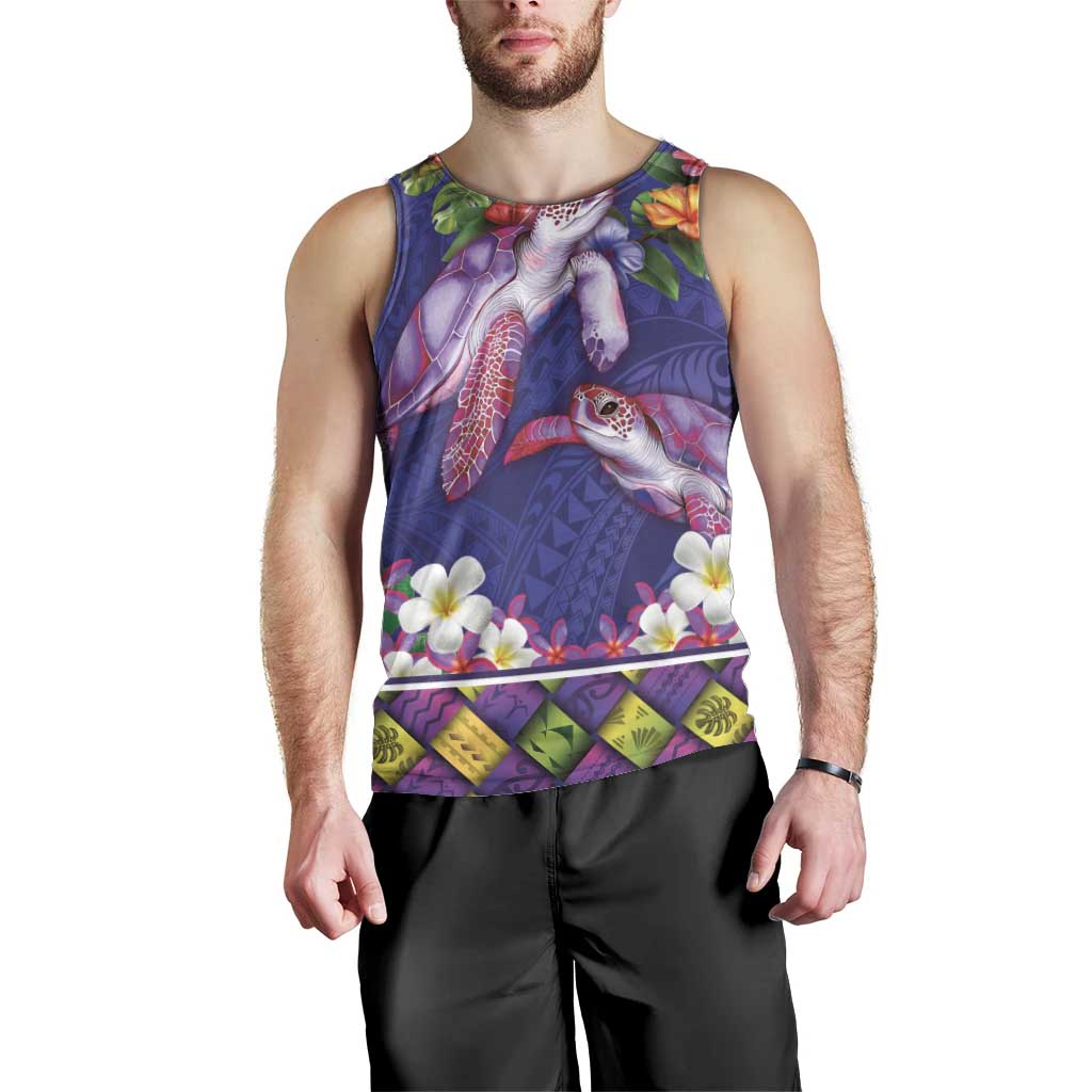 Hawaiian Lei Turtle and Plumeria Men Tank Top Polynerian Art Tattoo-Navy Color LT03 - Polynesian Pride