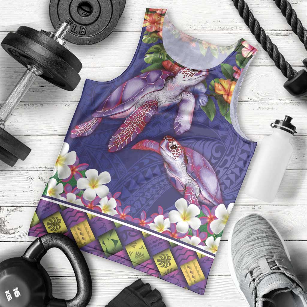 Hawaiian Lei Turtle and Plumeria Men Tank Top Polynerian Art Tattoo-Navy Color LT03 - Polynesian Pride