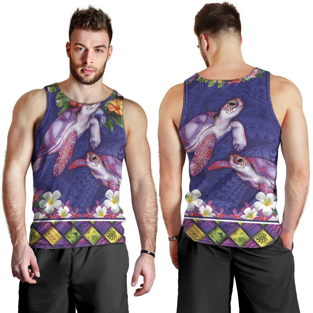 Hawaiian Lei Turtle and Plumeria Men Tank Top Polynerian Art Tattoo-Navy Color LT03 - Polynesian Pride