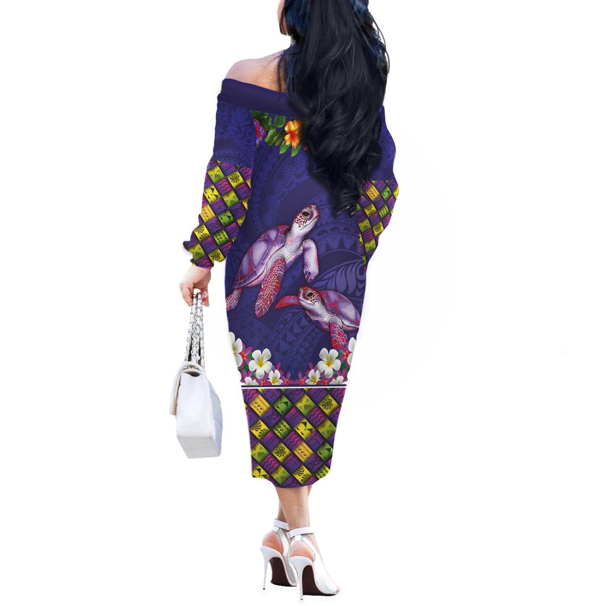 Hawaiian Lei Turtle and Plumeria Off The Shoulder Long Sleeve Dress Polynerian Art Tattoo-Navy Color LT03 - Polynesian Pride