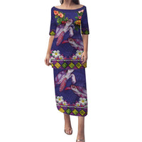 Hawaiian Lei Turtle and Plumeria Puletasi Polynerian Art Tattoo-Navy Color LT03 Long Dress Navy - Polynesian Pride