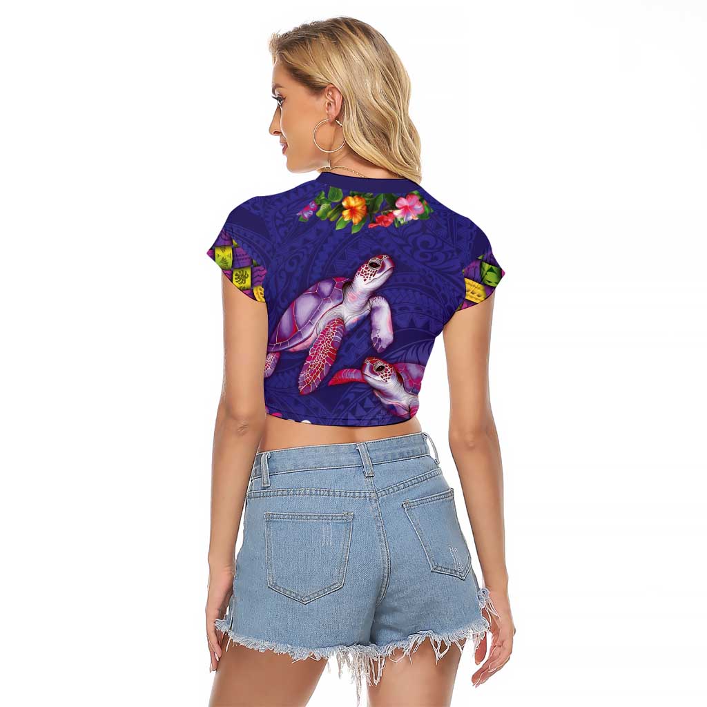 Hawaiian Lei Turtle and Plumeria Raglan Cropped T Shirt Polynerian Art Tattoo-Navy Color