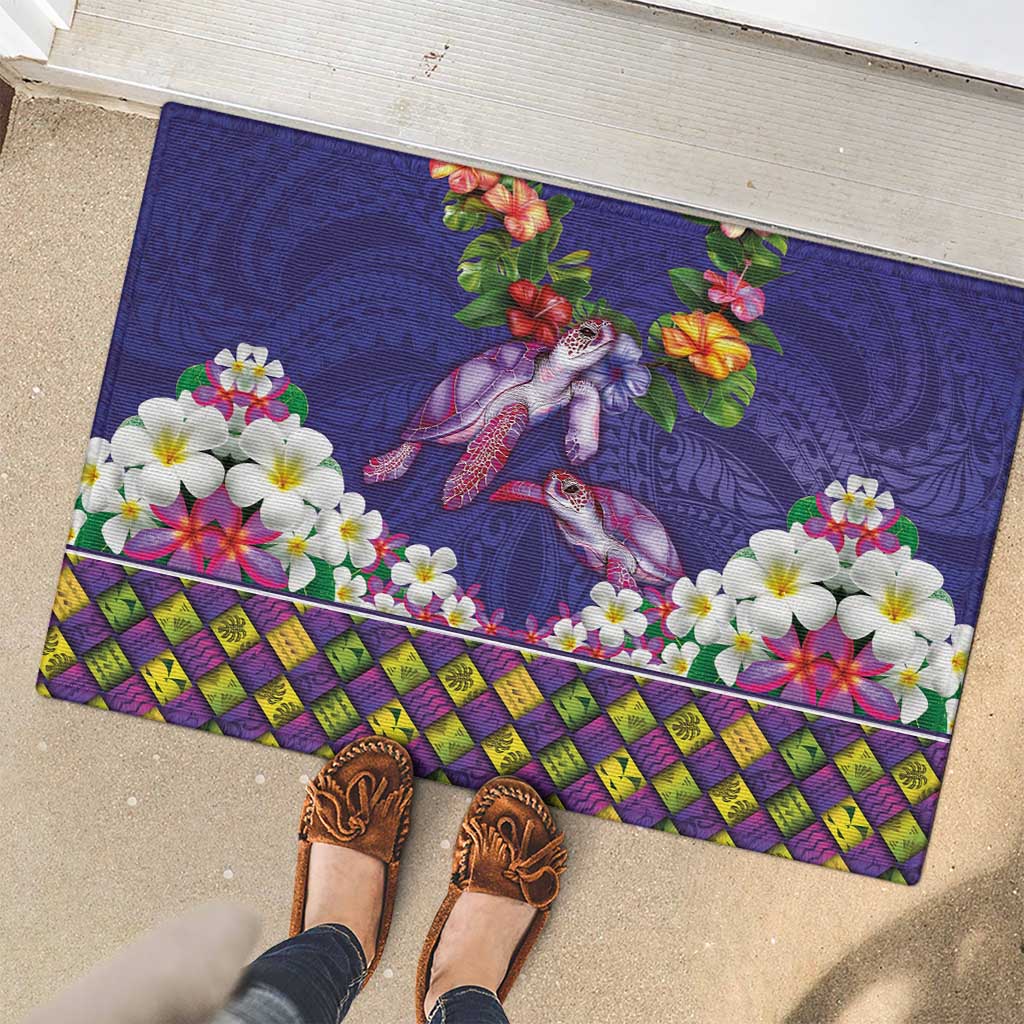 Hawaiian Lei Turtle and Plumeria Rubber Doormat Polynerian Art Tattoo-Navy Color