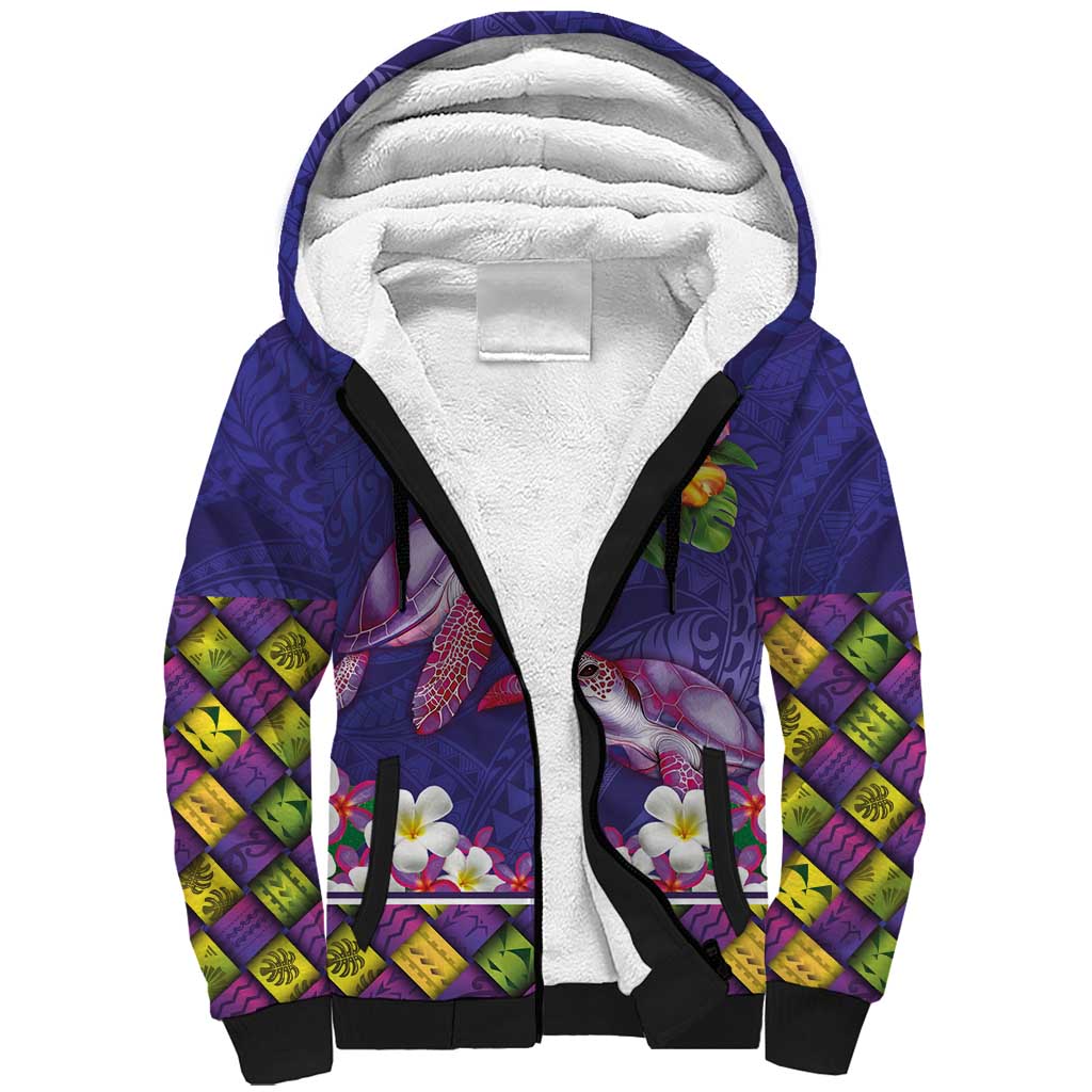 Hawaiian Lei Turtle and Plumeria Sherpa Hoodie Polynerian Art Tattoo-Navy Color LT03 Unisex Navy - Polynesian Pride