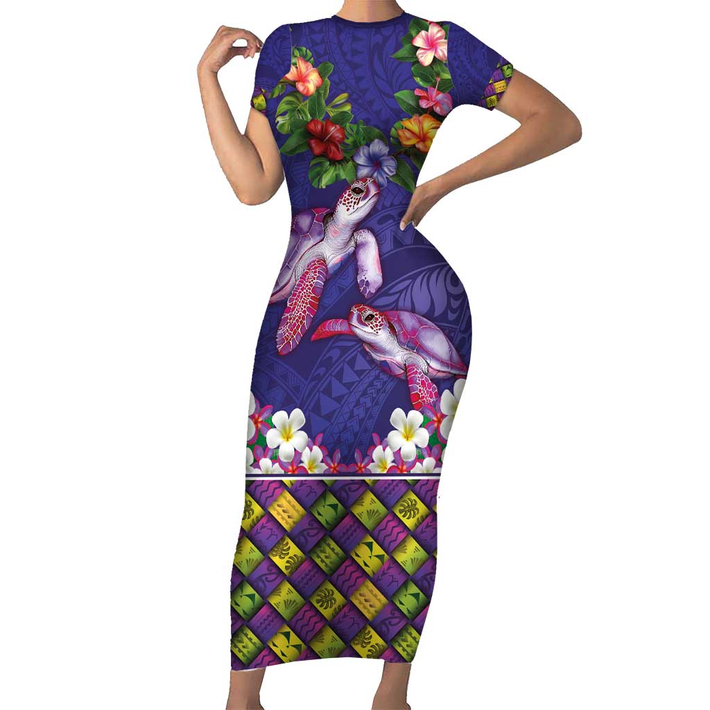 Hawaiian Lei Turtle and Plumeria Short Sleeve Bodycon Dress Polynerian Art Tattoo-Navy Color LT03 Long Dress Navy - Polynesian Pride