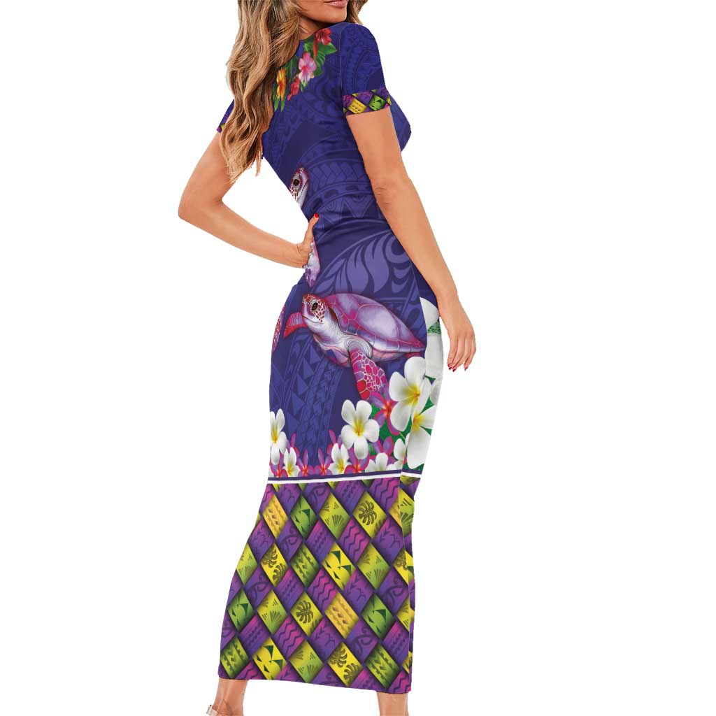 Hawaiian Lei Turtle and Plumeria Short Sleeve Bodycon Dress Polynerian Art Tattoo-Navy Color LT03 - Polynesian Pride