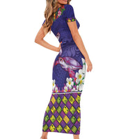 Hawaiian Lei Turtle and Plumeria Short Sleeve Bodycon Dress Polynerian Art Tattoo-Navy Color LT03 - Polynesian Pride
