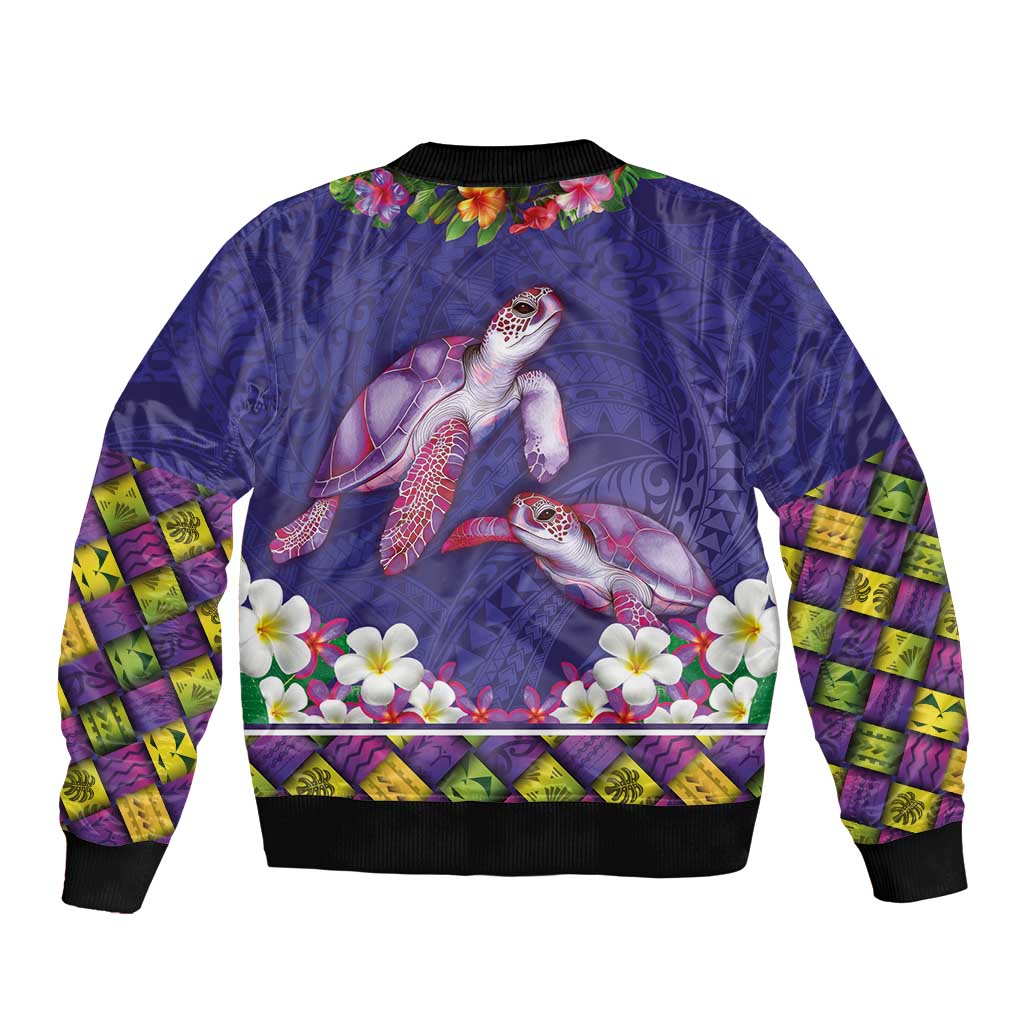 Hawaiian Lei Turtle and Plumeria Sleeve Zip Bomber Jacket Polynerian Art Tattoo-Navy Color LT03 - Polynesian Pride