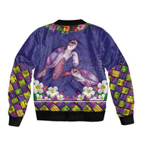Hawaiian Lei Turtle and Plumeria Sleeve Zip Bomber Jacket Polynerian Art Tattoo-Navy Color LT03 - Polynesian Pride