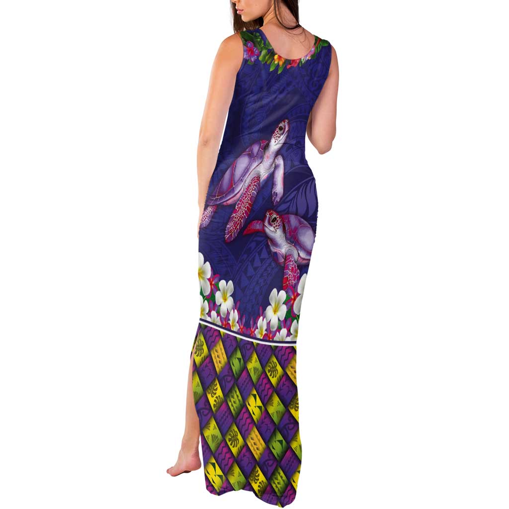Hawaiian Lei Turtle and Plumeria Tank Maxi Dress Polynerian Art Tattoo-Navy Color
