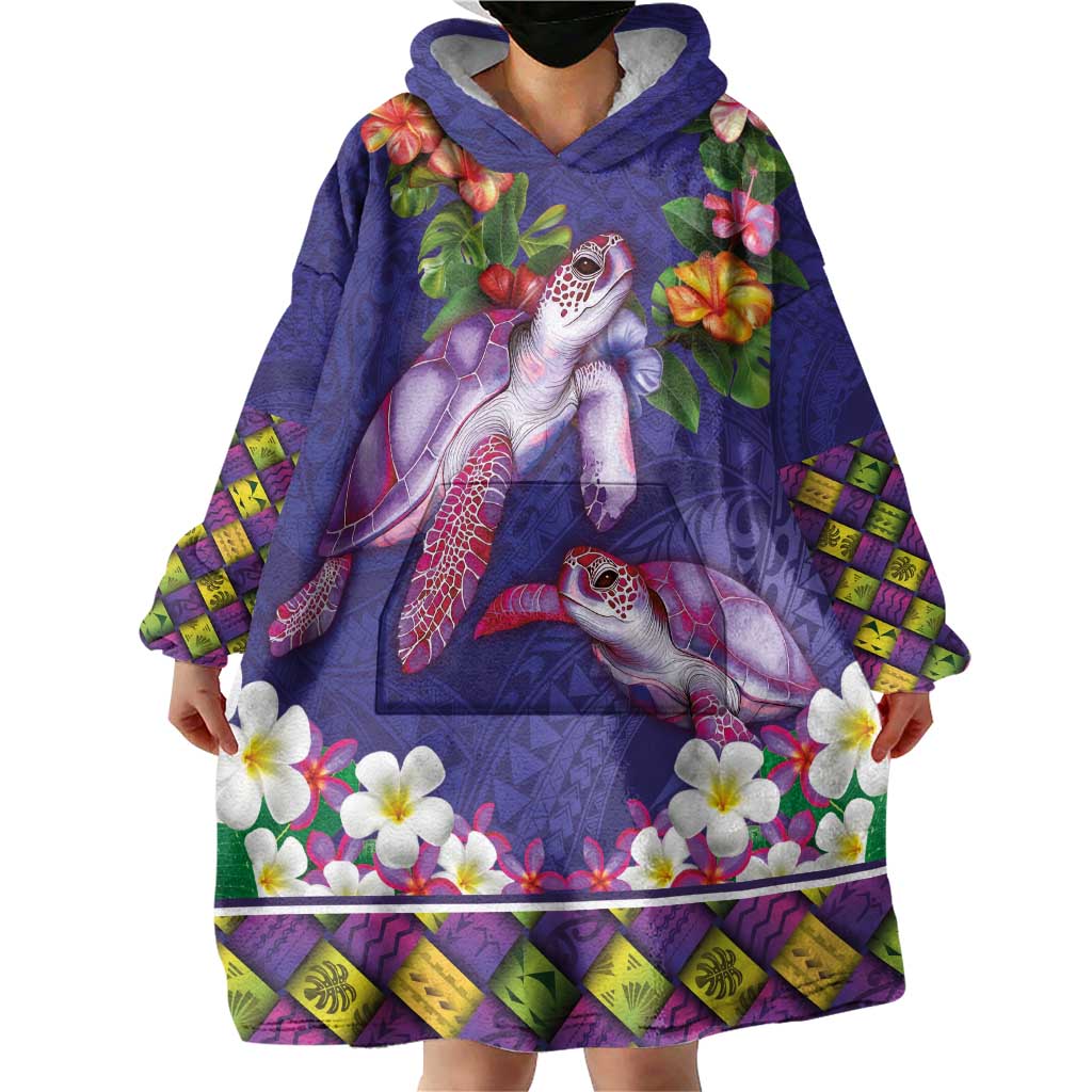 Hawaiian Lei Turtle and Plumeria Wearable Blanket Hoodie Polynerian Art Tattoo-Navy Color LT03 - Polynesian Pride