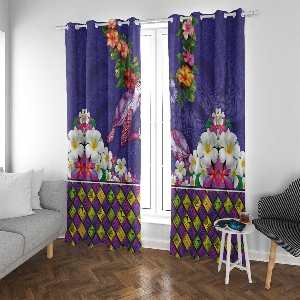 Hawaiian Lei Turtle and Plumeria Window Curtain Polynerian Art Tattoo-Navy Color