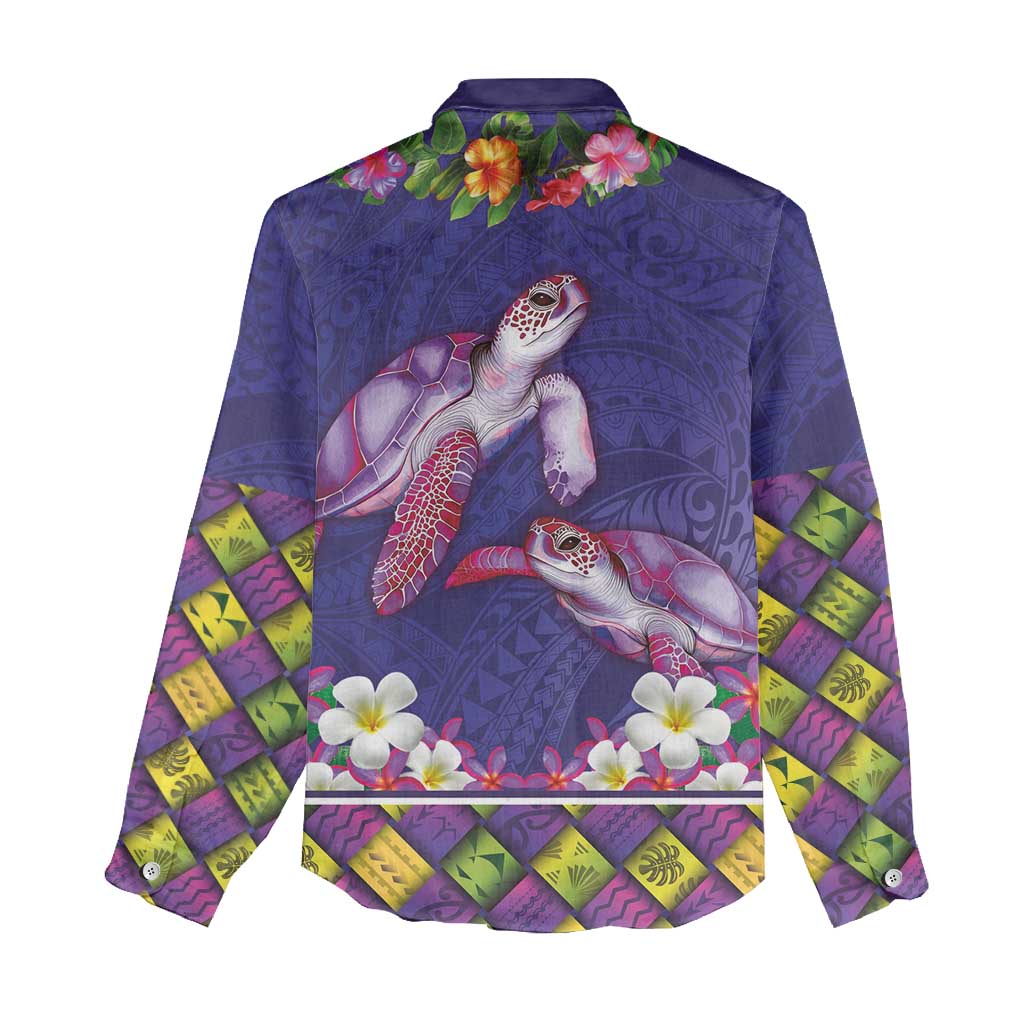 Hawaiian Lei Turtle and Plumeria Women Casual Shirt Polynerian Art Tattoo-Navy Color LT03 - Polynesian Pride