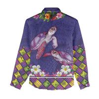 Hawaiian Lei Turtle and Plumeria Women Casual Shirt Polynerian Art Tattoo-Navy Color LT03 - Polynesian Pride