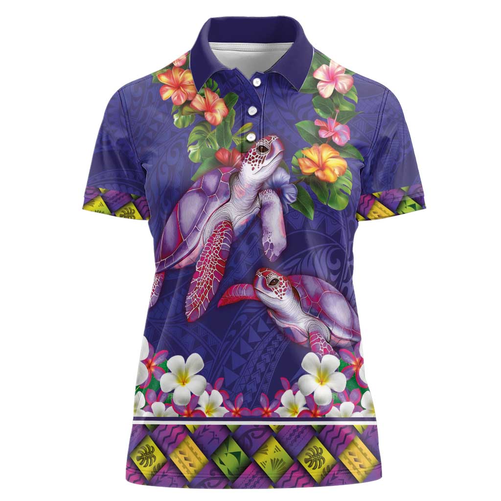 Hawaiian Lei Turtle and Plumeria Women Polo Shirt Polynerian Art Tattoo-Navy Color LT03 Female Navy - Polynesian Pride