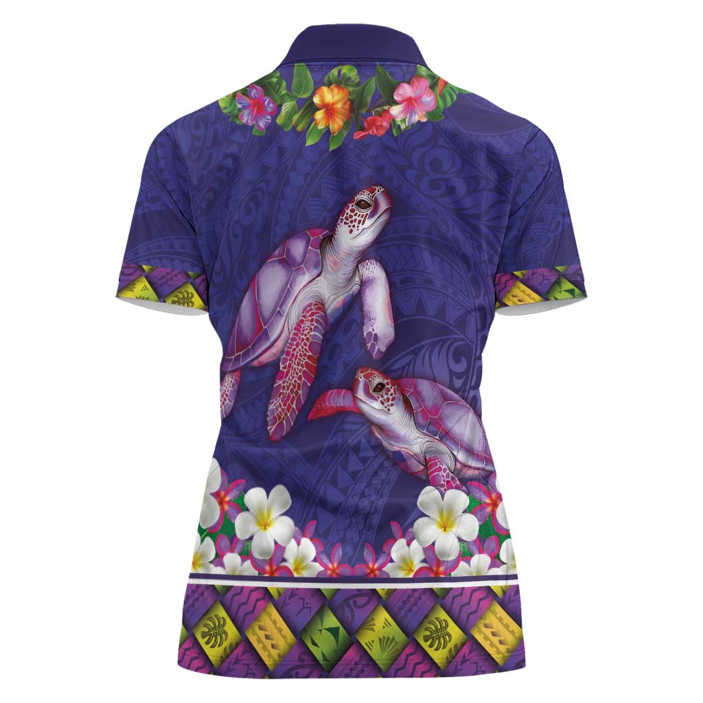 Hawaiian Lei Turtle and Plumeria Women Polo Shirt Polynerian Art Tattoo-Navy Color LT03 - Polynesian Pride