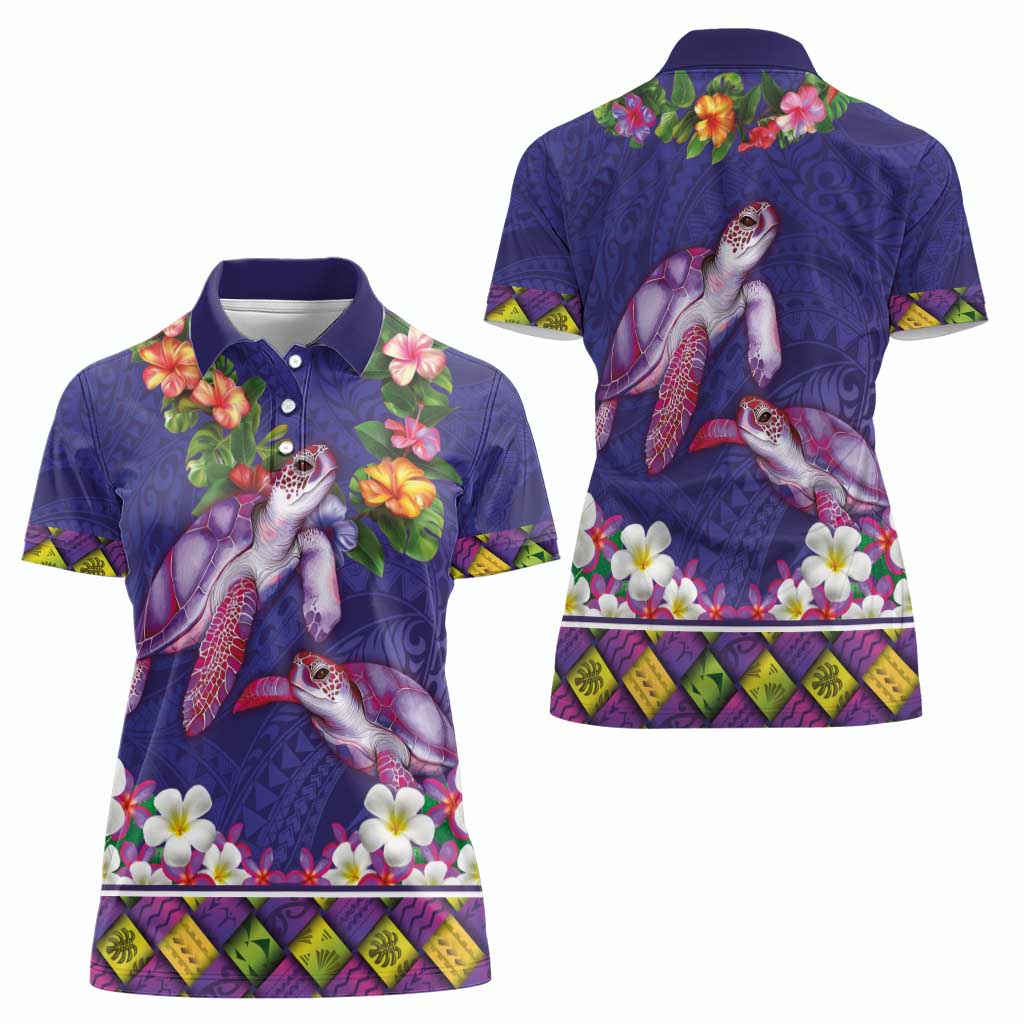 Hawaiian Lei Turtle and Plumeria Women Polo Shirt Polynerian Art Tattoo-Navy Color LT03 - Polynesian Pride