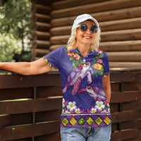 Hawaiian Lei Turtle and Plumeria Women Polo Shirt Polynerian Art Tattoo-Navy Color LT03 - Polynesian Pride