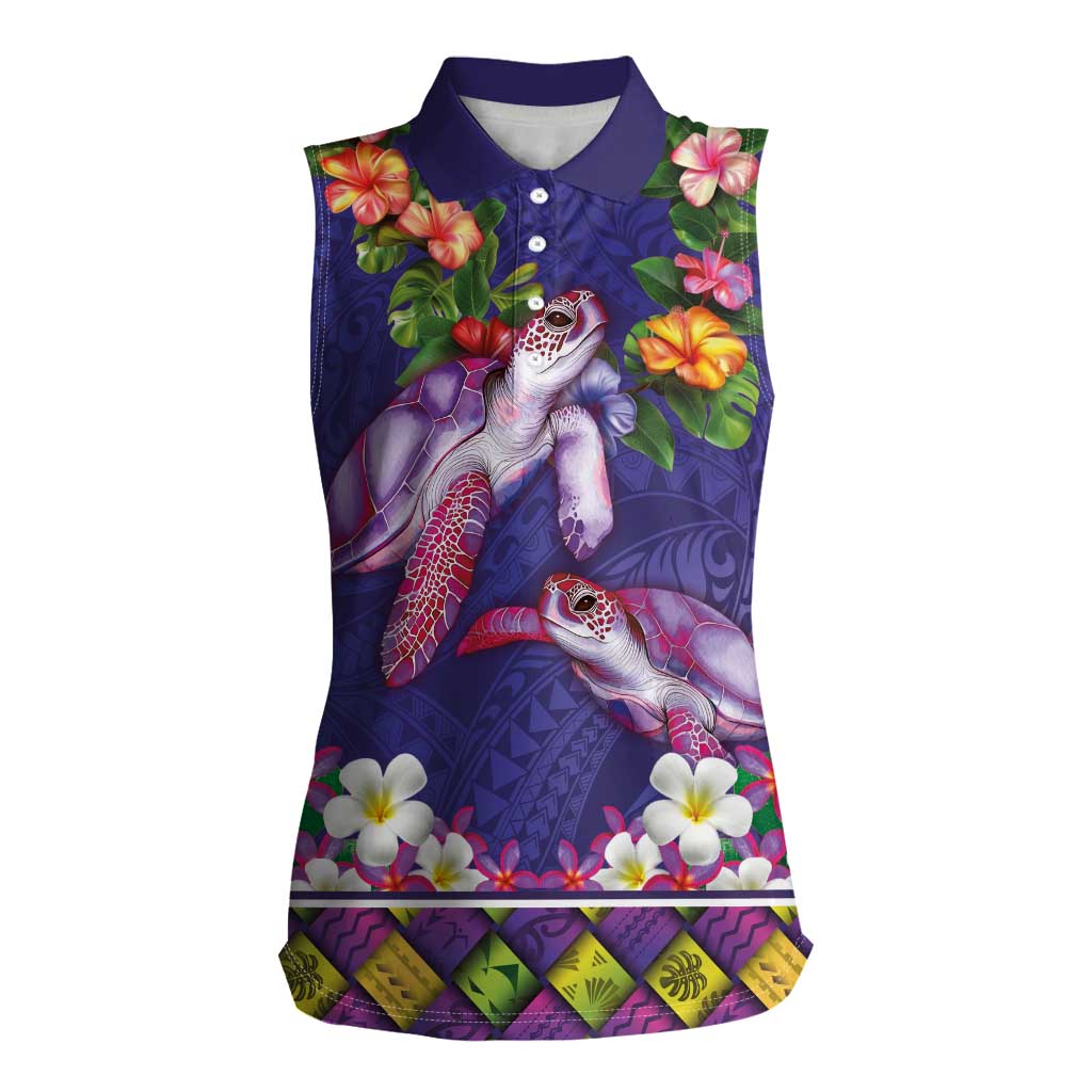 Hawaiian Lei Turtle and Plumeria Women Sleeveless Polo Shirt Polynerian Art Tattoo-Navy Color LT03 Female Navy - Polynesian Pride