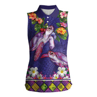 Hawaiian Lei Turtle and Plumeria Women Sleeveless Polo Shirt Polynerian Art Tattoo-Navy Color LT03 Female Navy - Polynesian Pride