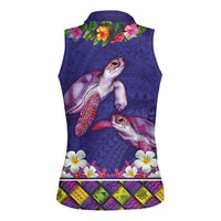 Hawaiian Lei Turtle and Plumeria Women Sleeveless Polo Shirt Polynerian Art Tattoo-Navy Color LT03 - Polynesian Pride
