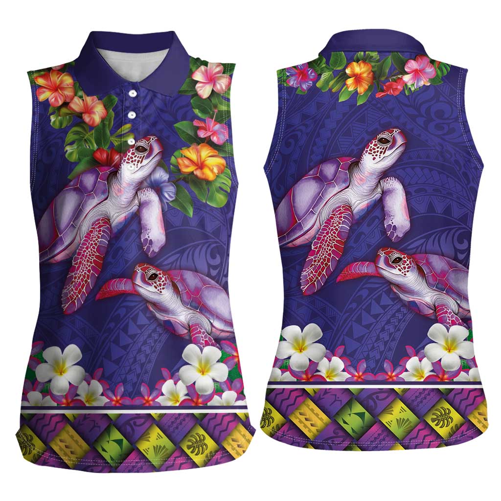 Hawaiian Lei Turtle and Plumeria Women Sleeveless Polo Shirt Polynerian Art Tattoo-Navy Color LT03 - Polynesian Pride