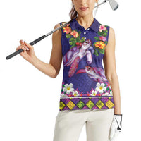 Hawaiian Lei Turtle and Plumeria Women Sleeveless Polo Shirt Polynerian Art Tattoo-Navy Color LT03 - Polynesian Pride