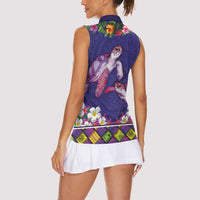 Hawaiian Lei Turtle and Plumeria Women Sleeveless Polo Shirt Polynerian Art Tattoo-Navy Color LT03 - Polynesian Pride