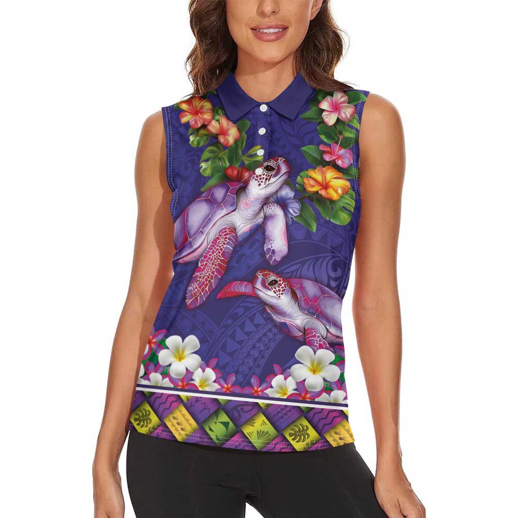 Hawaiian Lei Turtle and Plumeria Women Sleeveless Polo Shirt Polynerian Art Tattoo-Navy Color LT03 - Polynesian Pride