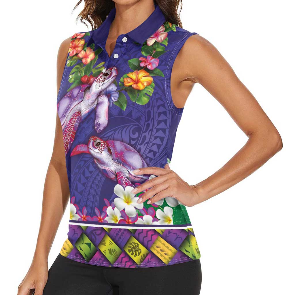 Hawaiian Lei Turtle and Plumeria Women Sleeveless Polo Shirt Polynerian Art Tattoo-Navy Color LT03 - Polynesian Pride