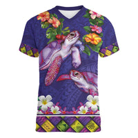 Hawaiian Lei Turtle and Plumeria Women V-Neck T-Shirt Polynerian Art Tattoo-Navy Color LT03 Female Navy - Polynesian Pride