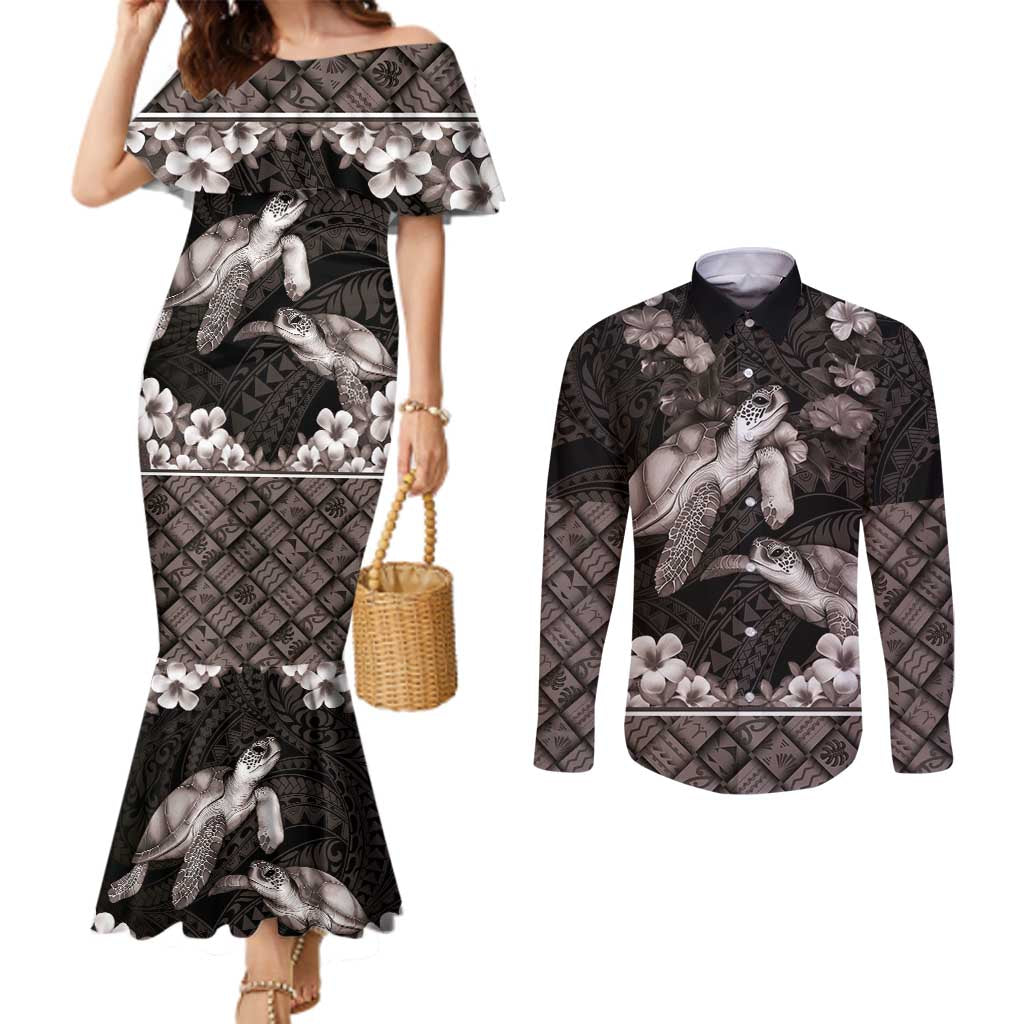 Hawaiian Lei Turtle and Plumeria Couples Matching Mermaid Dress and Long Sleeve Button Shirt Polynerian Art Tattoo-Grayscale Mode