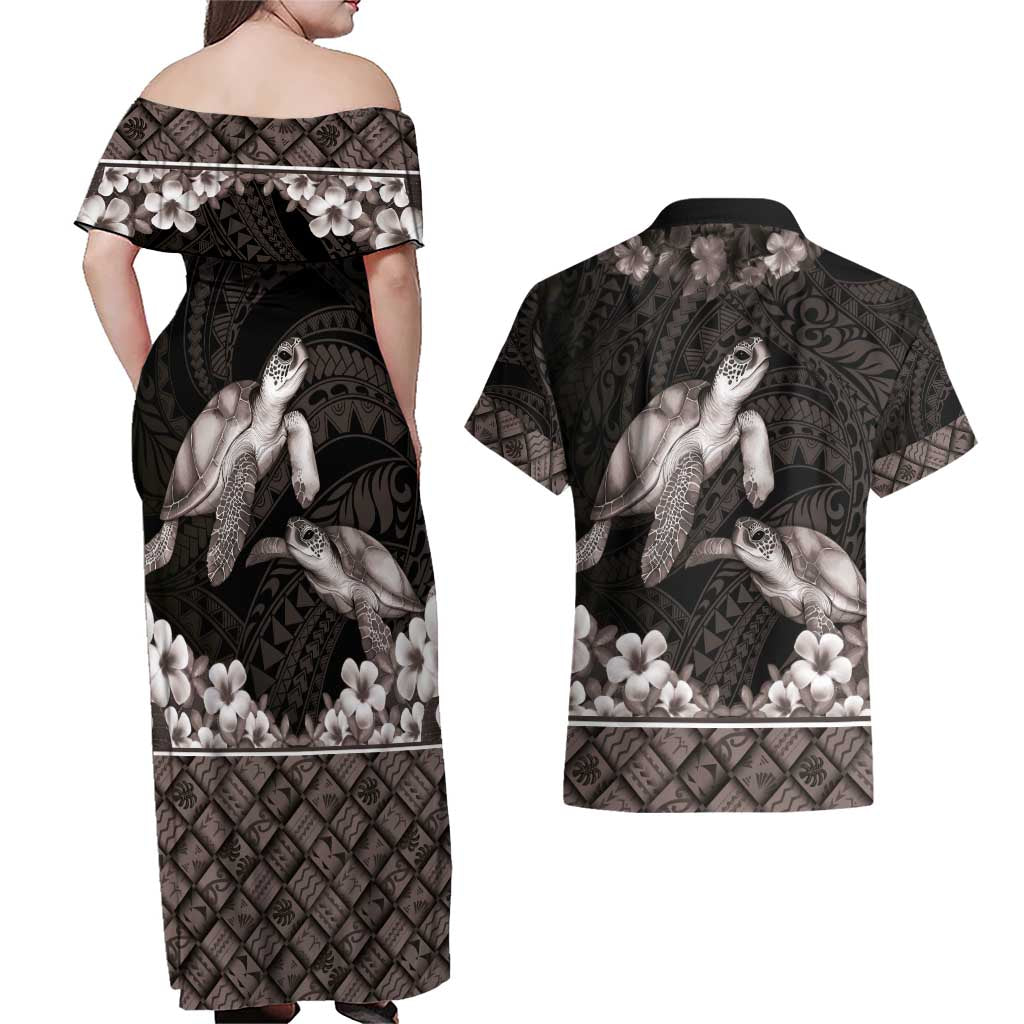 Hawaiian Lei Turtle and Plumeria Couples Matching Off Shoulder Maxi Dress and Hawaiian Shirt Polynerian Art Tattoo-Grayscale Mode